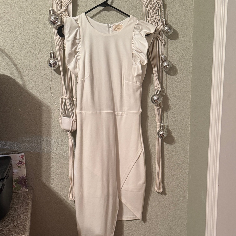 Lena Ivory Asymmetrical Dress with Ruffle Detail